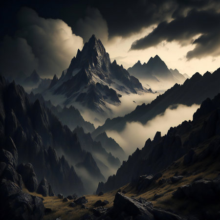 Fantasy landscape with mountains and clouds. 3d render illustration.の素材