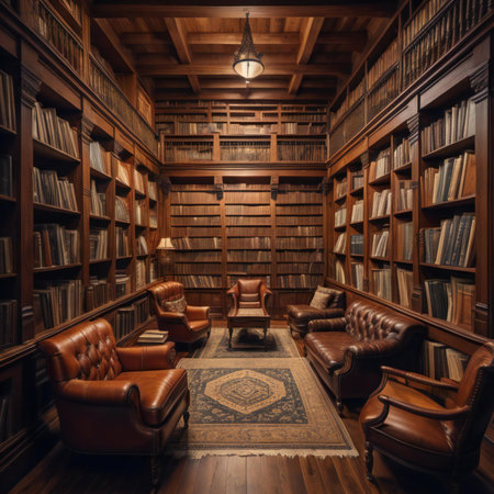 Interior of an old library with leather armchairs and bookshelves. ai generatedの素材