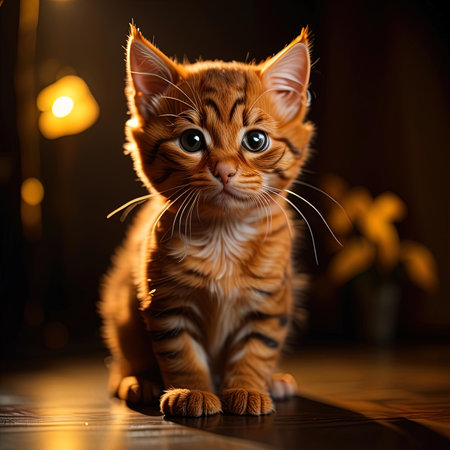 Cute little ginger kitten sitting on the floor in the dark room. ai generatedの素材
