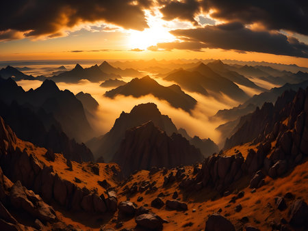Fantasy landscape with mountains and clouds at sunset. 3d illustrationの素材