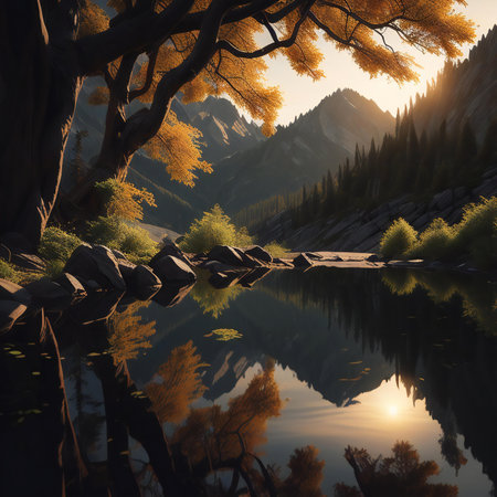 Mountain lake with autumn trees and reflection in water. ai generatedの素材