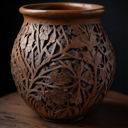 Wooden vase with a pattern on a dark background, close-up. ai generatedの素材