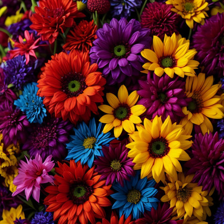 Colorful flowers as a background. Top view. Flat lay. ai generatedの素材