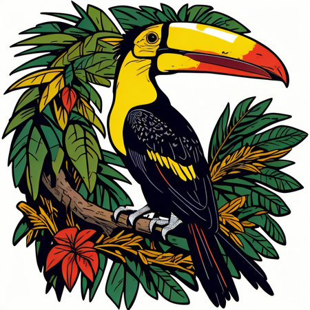 Toucan on a branch of a palm tree. Vector illustration.の素材
