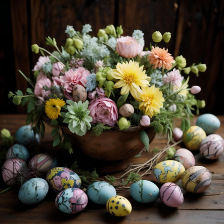 Easter eggs and spring flowers on wooden background. Rustic style.の素材