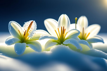 Beautiful white lily flower with water drops on blue background. generative aiの素材