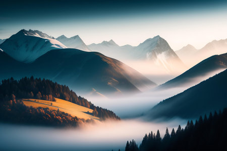 Foggy autumn landscape with mountain lake and forest at sunrise. Generative AIの素材