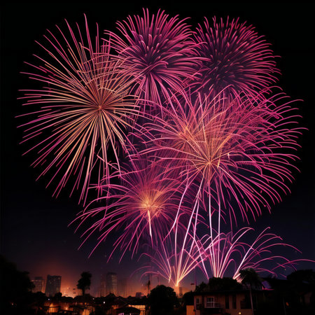 Colorful fireworks of various colors over the cityscape. generative aiの素材
