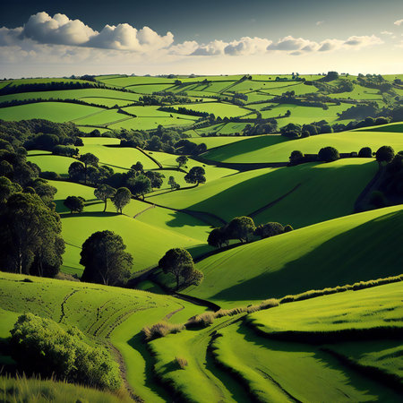 Idyllic countryside landscape with rolling hills and meadows under blue sky. generative aiの素材