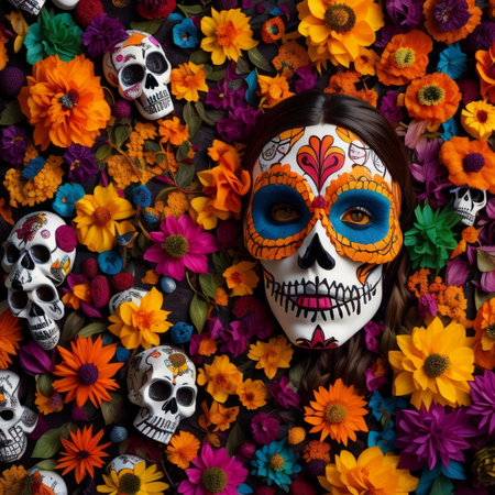 Day of the Dead sugar skull woman with colorful flowers background, close up. generative aiの素材