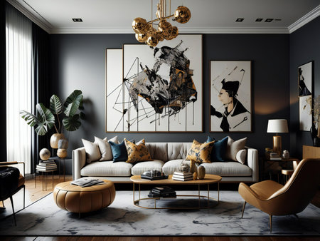Interior of modern living room with sofa, armchairs and coffee table. Generative Aiの素材