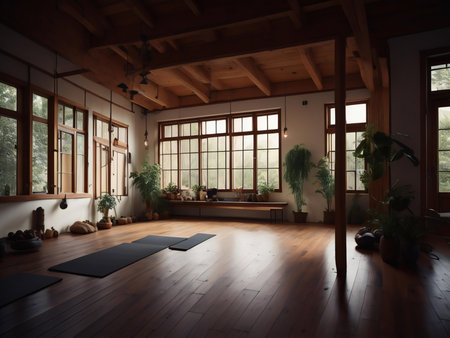 Interior of a modern yoga studio with wooden floor and large window. generative aiの素材