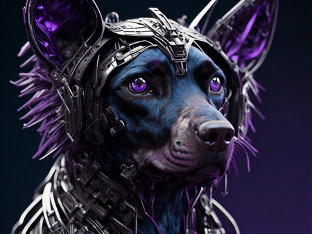 Futuristic portrait of a black dog with metal chain. Dark background. generative aiの素材