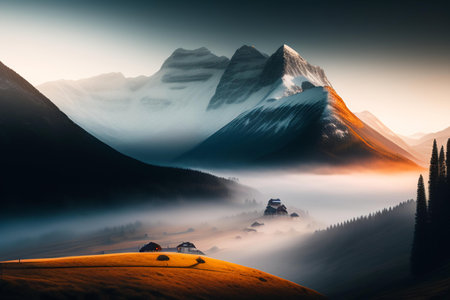 Foggy autumn landscape with mountain lake and forest at sunrise. Generative AIの素材