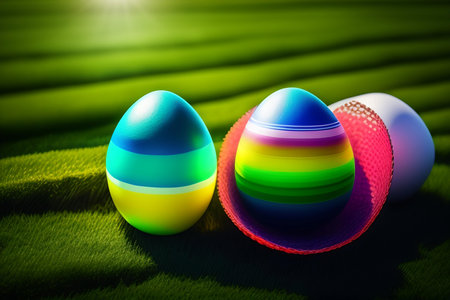 Colorful Easter eggs on green grass with beautiful bokeh background. generative aiの素材