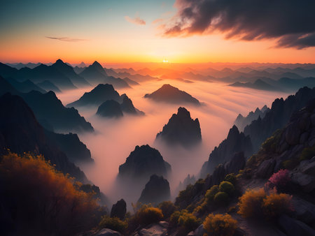 Fantasy landscape with mountains in the clouds. Generative aiの素材