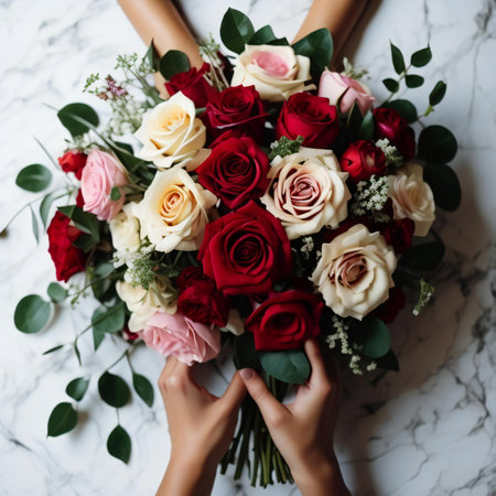 Wedding bouquet of pink and white roses in the hands of the bride. ai generatedの素材