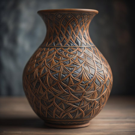 Clay vase with a pattern on a white background. Handmade. Generative Aiの素材