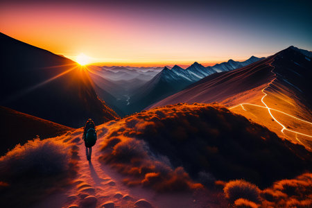 Hiker with backpack on the top of a mountain at sunrise. Generative Aiの素材