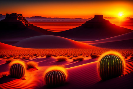 Sunset over Monument Valley with cactuses and sand dunes. Generative Aiの素材