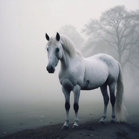 Beautiful white horse on a foggy winter morning in the countrysideの素材