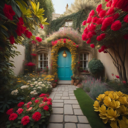 Beautiful entrance to the house with flowers and a blue door.の素材