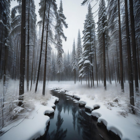 Beautiful winter landscape with frozen river and pine trees in the forestの素材