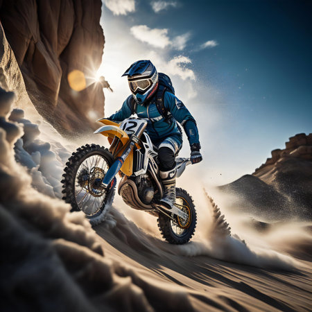 Motocross rider on the difficult road in the desert. Mixed mediaの素材