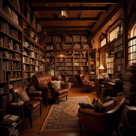 Interior of a vintage library with bookshelves and armchairsの素材