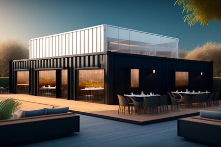 3d render of a modern restaurant with a terrace and a gardenの素材