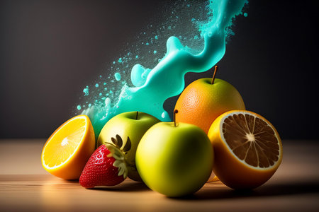 Colorful fruit splashing out of apple, orange, strawberry and lemonの素材