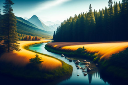 Beautiful landscape with river and mountains at sunset. Artistic toning.の素材