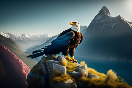 Bald Eagle on a rock in the mountains. 3d renderの素材
