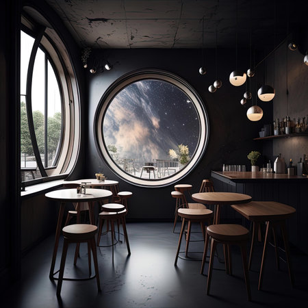 Interior of modern bar with black walls, concrete floor, round wooden tables with chairs and round window. 3d renderingの素材