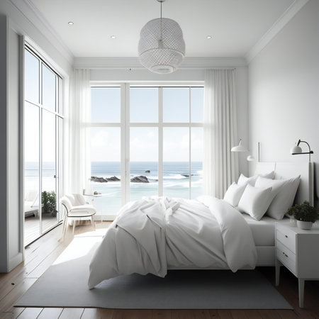 3d Illustration of white bedroom in a modern style with sea viewの素材