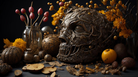 Skull Halloween still life with pumpkins, berries and flowers.の素材