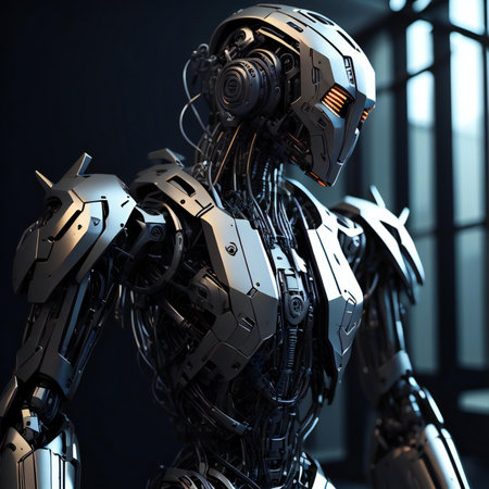 3d rendering robot or cyborg in empty space with blue backgroundの素材