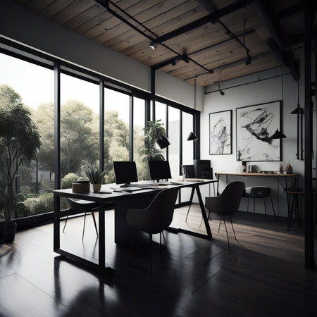 Interior of modern office with black walls, wooden floor, panoramic window with countryside view and computer tables. 3d renderingの素材