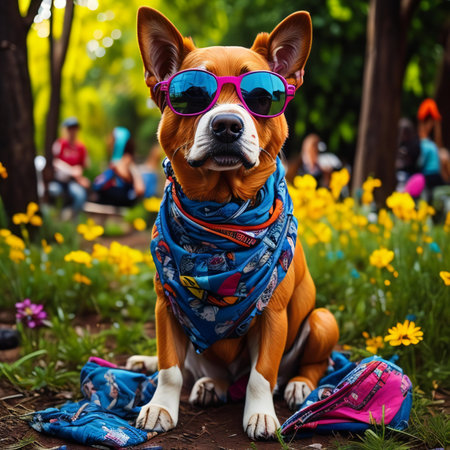 Portrait of a dog with sunglasses and a scarf in the parkの素材