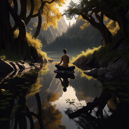 Man meditating on the river in the forest. 3d renderの素材