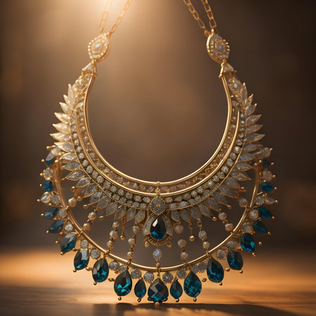 Jewelry, jewelry and gems concept - close up of beautiful necklace on golden backgroundの素材
