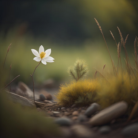 Beautiful white spring flower in the grass. Soft focus, vintage tone.の素材