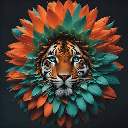 Tiger head in a flower wreath on a black background.の素材