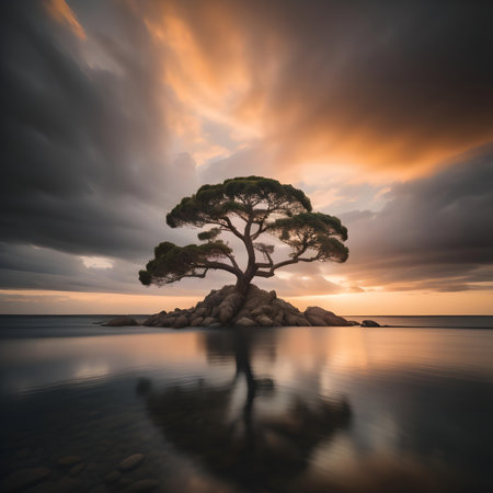 Beautiful seascape with a lonely pine tree at sunset.の素材