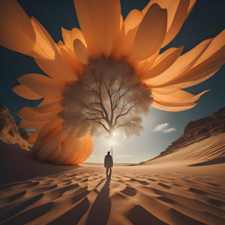 Conceptual image of man standing in the desert with huge sunflowerの素材