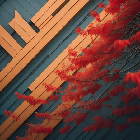 Autumn background with red maple leaves. 3d render illustration.の素材