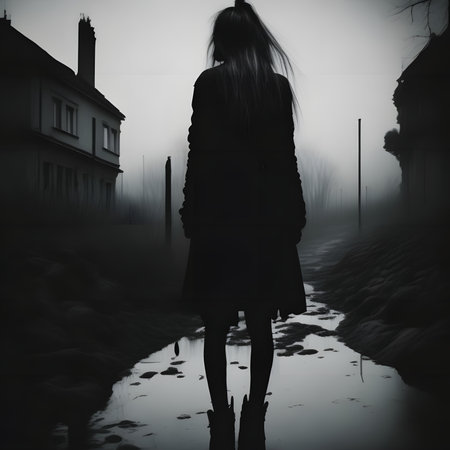 A girl in a trench coat stands in the middle of a puddle in the city.の素材