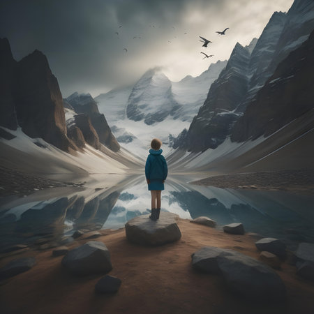 Woman standing on the edge of a mountain lake and looking at the glacierの素材