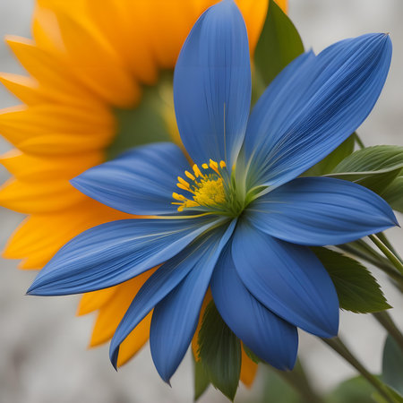 Beautiful blue and yellow flower in a pot on a gray backgroundの素材