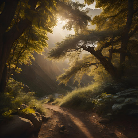 Fantasy landscape with a path in the forest. 3d renderの素材